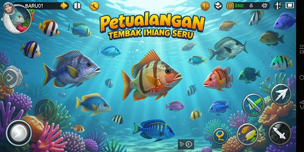Screenshot gameplay BARU01 menampilkan aksi seru menembak ikan.