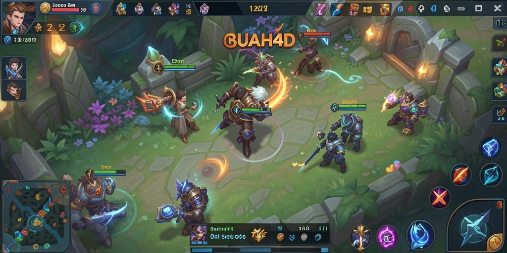 Screenshot BUAH4D menampilkan pertempuran seru antara tim di arena.