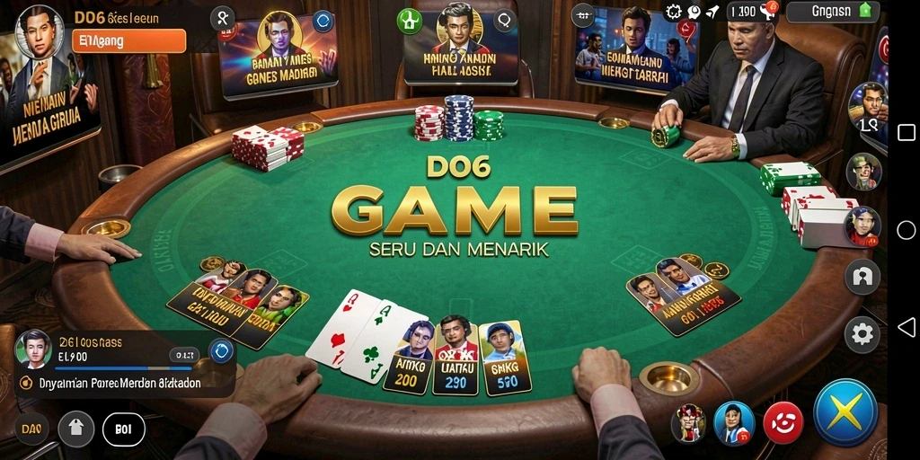 Screenshot gameplay D06 menampilkan suasana meja poker yang nyata.