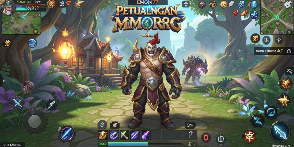 Screenshot EMON77 menampilkan pertempuran epik di dunia MMORPG.