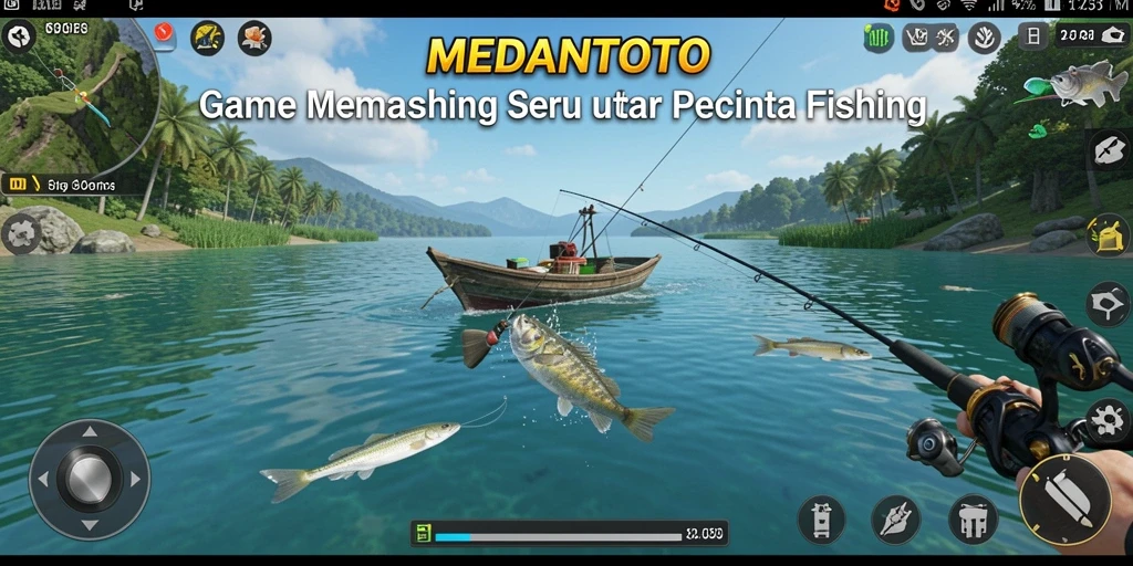 Screenshot gameplay <strong>MEDANTOTO</strong> menampilkan pemain yang menangkap ikan dengan latar belakang yang indah.